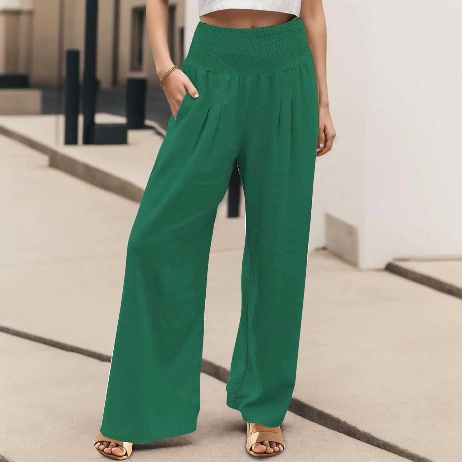 Wide Leg Linen Pants for Women Boho Beach Pants Casual Elastic High Waist Comfort Trendy Palazzo Pants