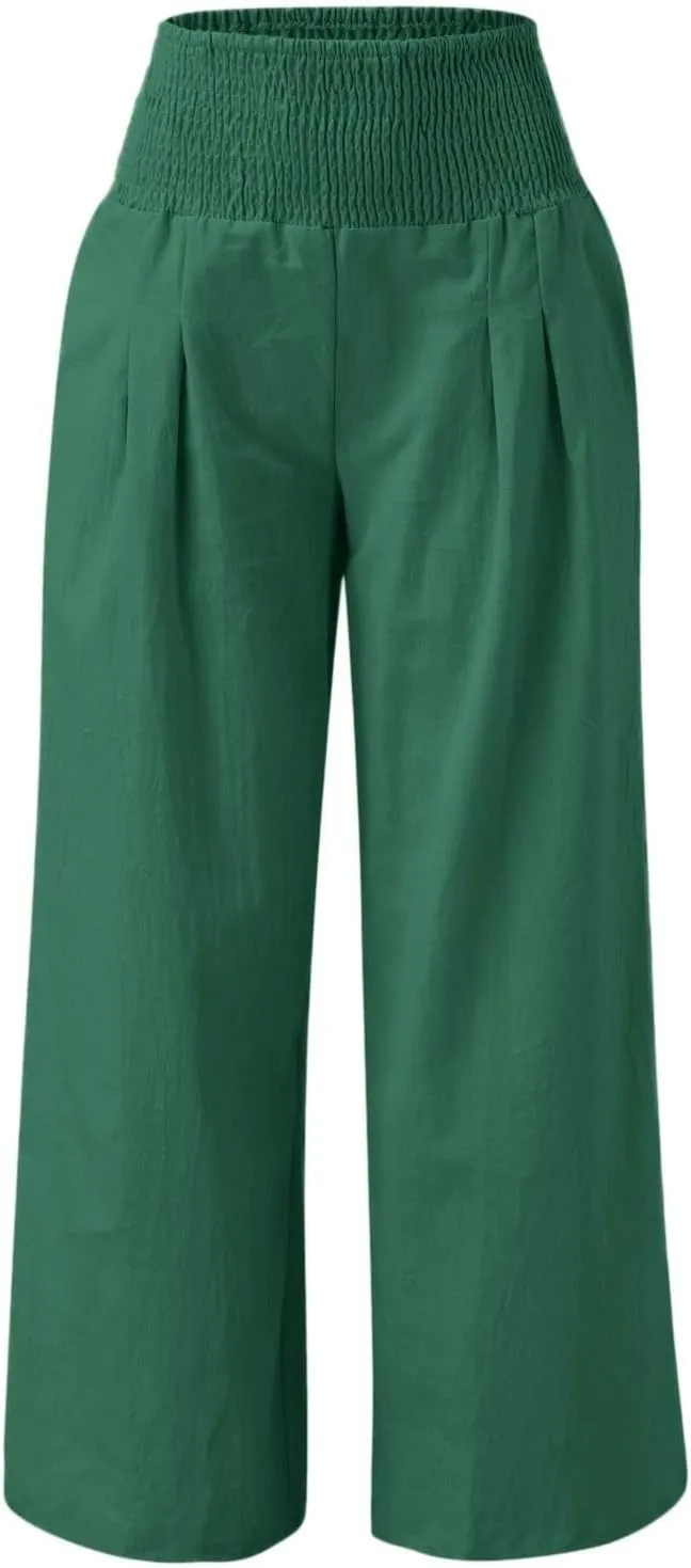 Wide Leg Linen Pants for Women Boho Beach Pants Casual Elastic High Waist Comfort Trendy Palazzo Pants