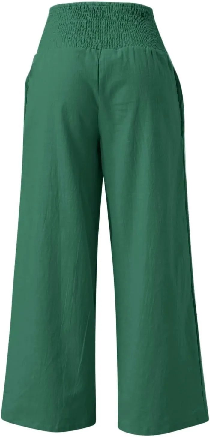Wide Leg Linen Pants for Women Boho Beach Pants Casual Elastic High Waist Comfort Trendy Palazzo Pants