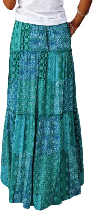 Women Bohemian Maxi Skirts Vintage Elastic High Waist A-Line Skirts Tiered Long Flowy Skirts with Pockets