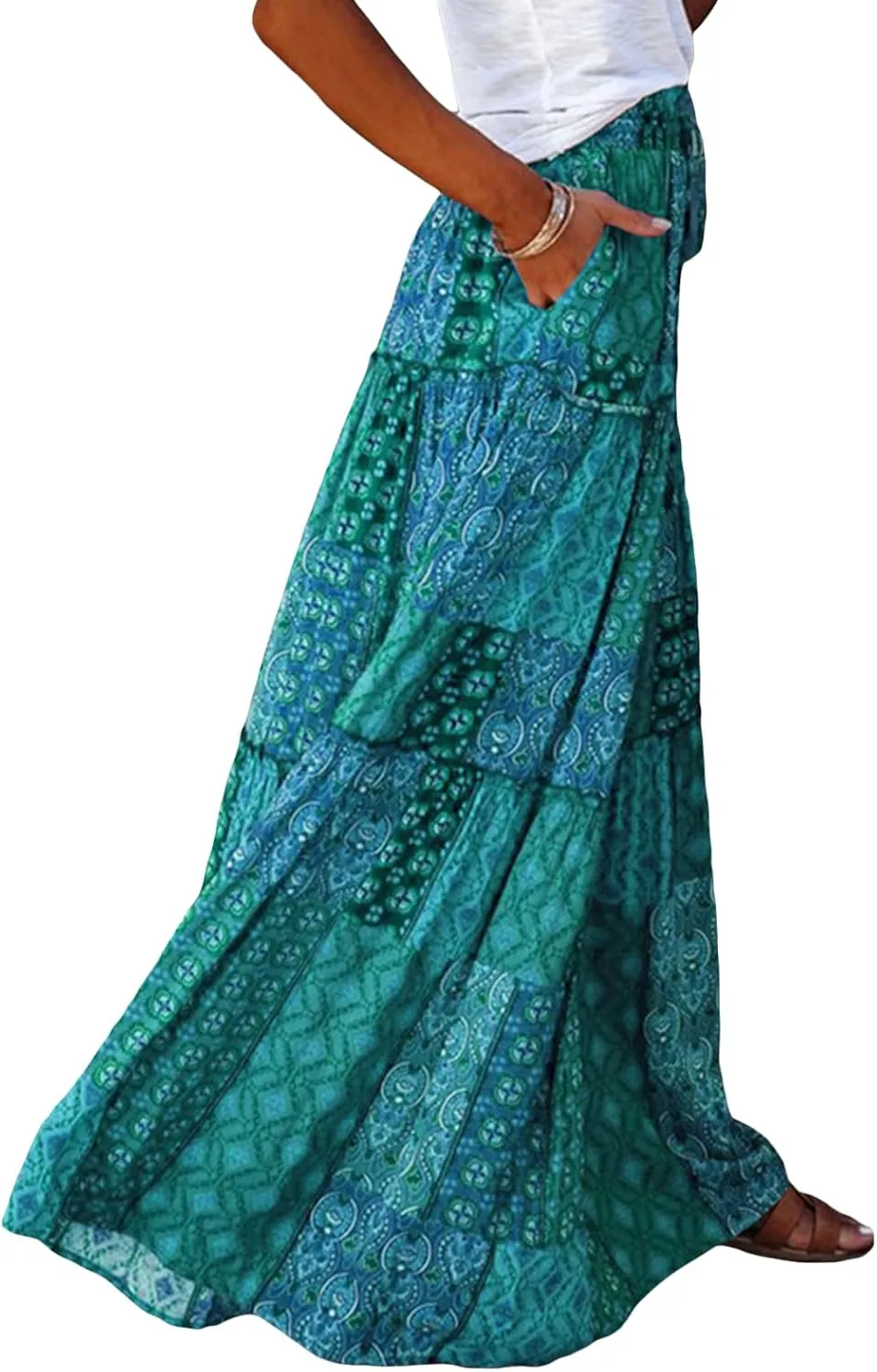 Women Bohemian Maxi Skirts Vintage Elastic High Waist A-Line Skirts Tiered Long Flowy Skirts with Pockets