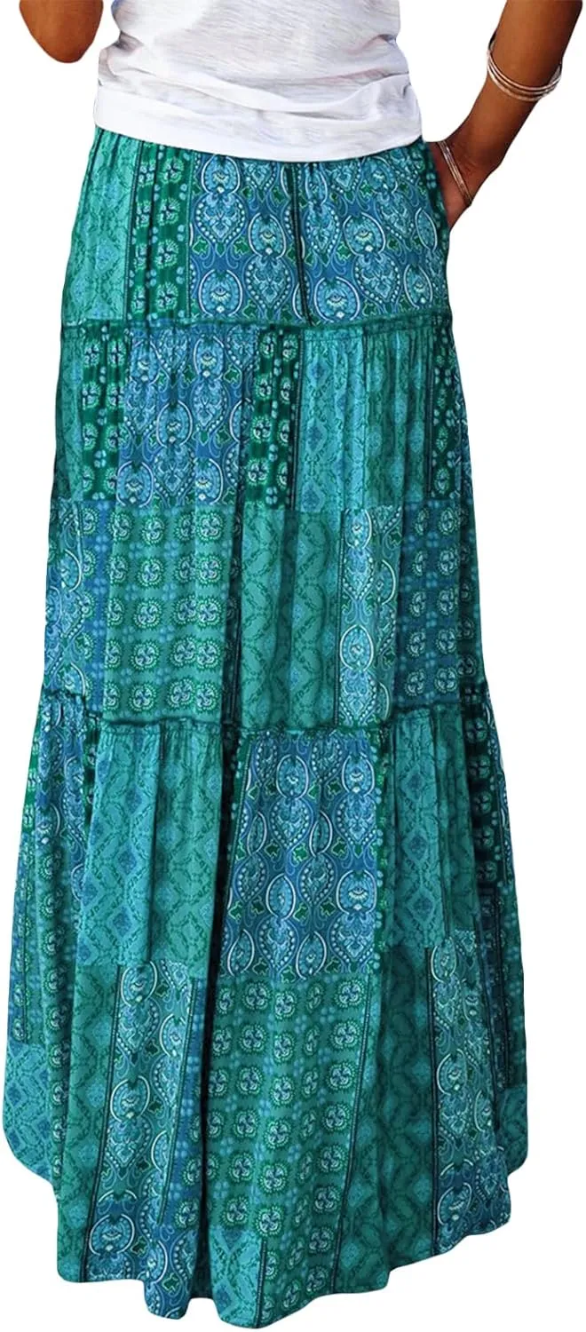 Women Bohemian Maxi Skirts Vintage Elastic High Waist A-Line Skirts Tiered Long Flowy Skirts with Pockets