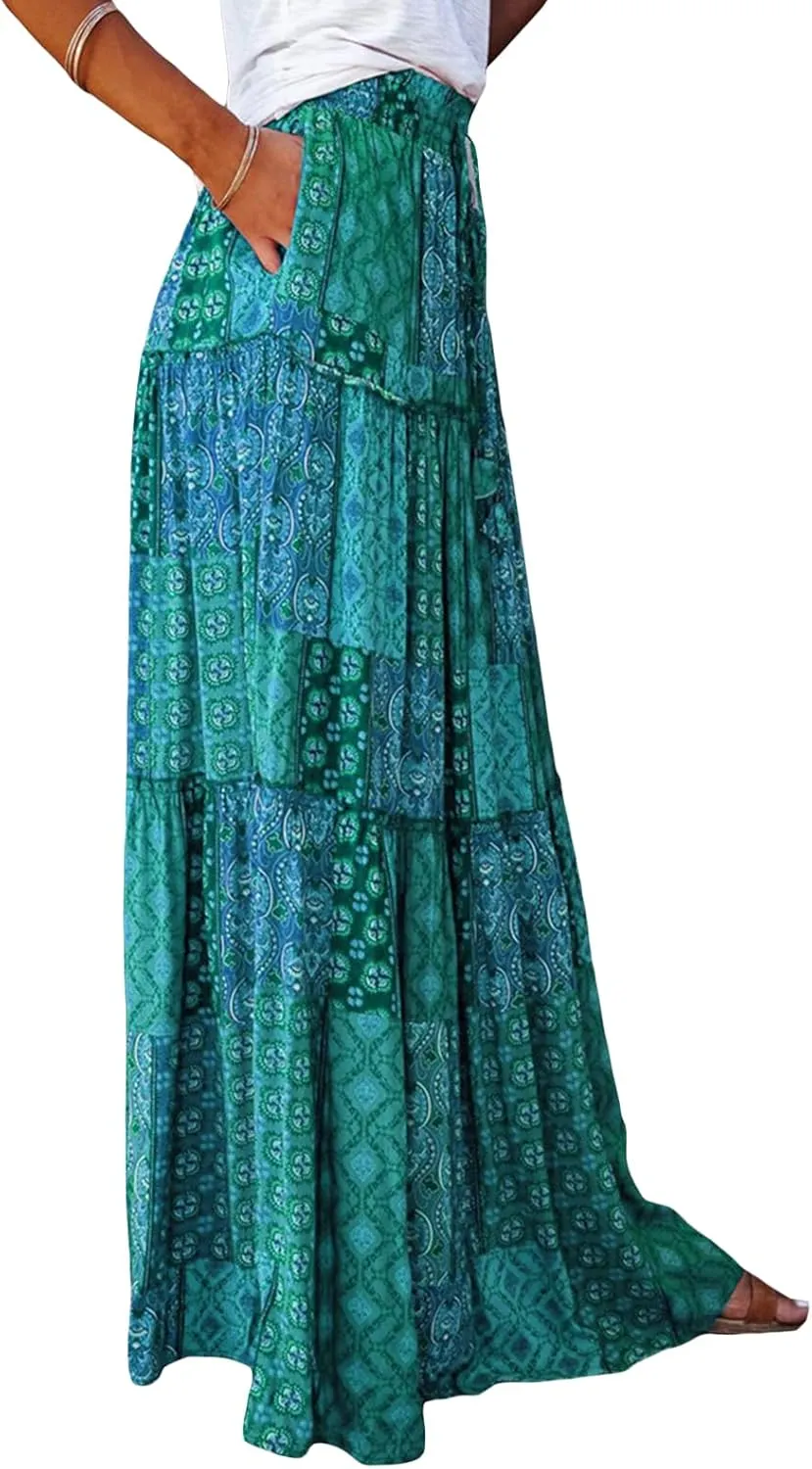 Women Bohemian Maxi Skirts Vintage Elastic High Waist A-Line Skirts Tiered Long Flowy Skirts with Pockets