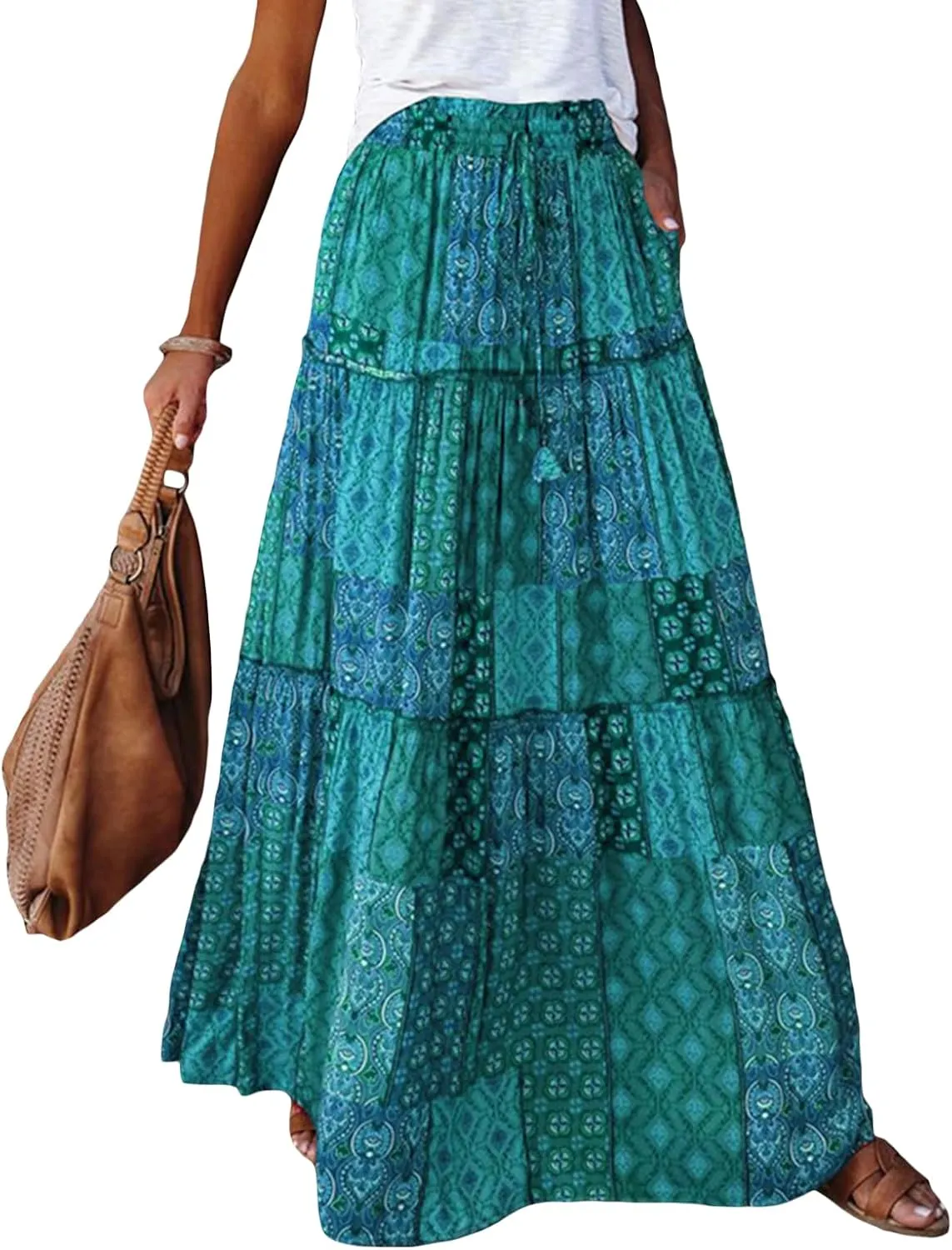 Women Bohemian Maxi Skirts Vintage Elastic High Waist A-Line Skirts Tiered Long Flowy Skirts with Pockets