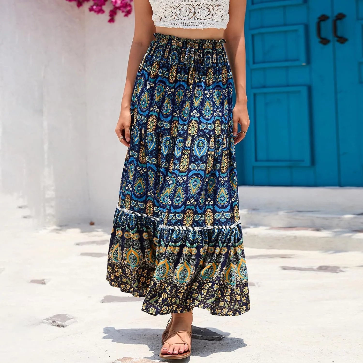 Women Boho Tropical Print Long Skirts Elastic High Waist Ruffle Pleated A Line 2024 Bohemian Beach Midi Skirt