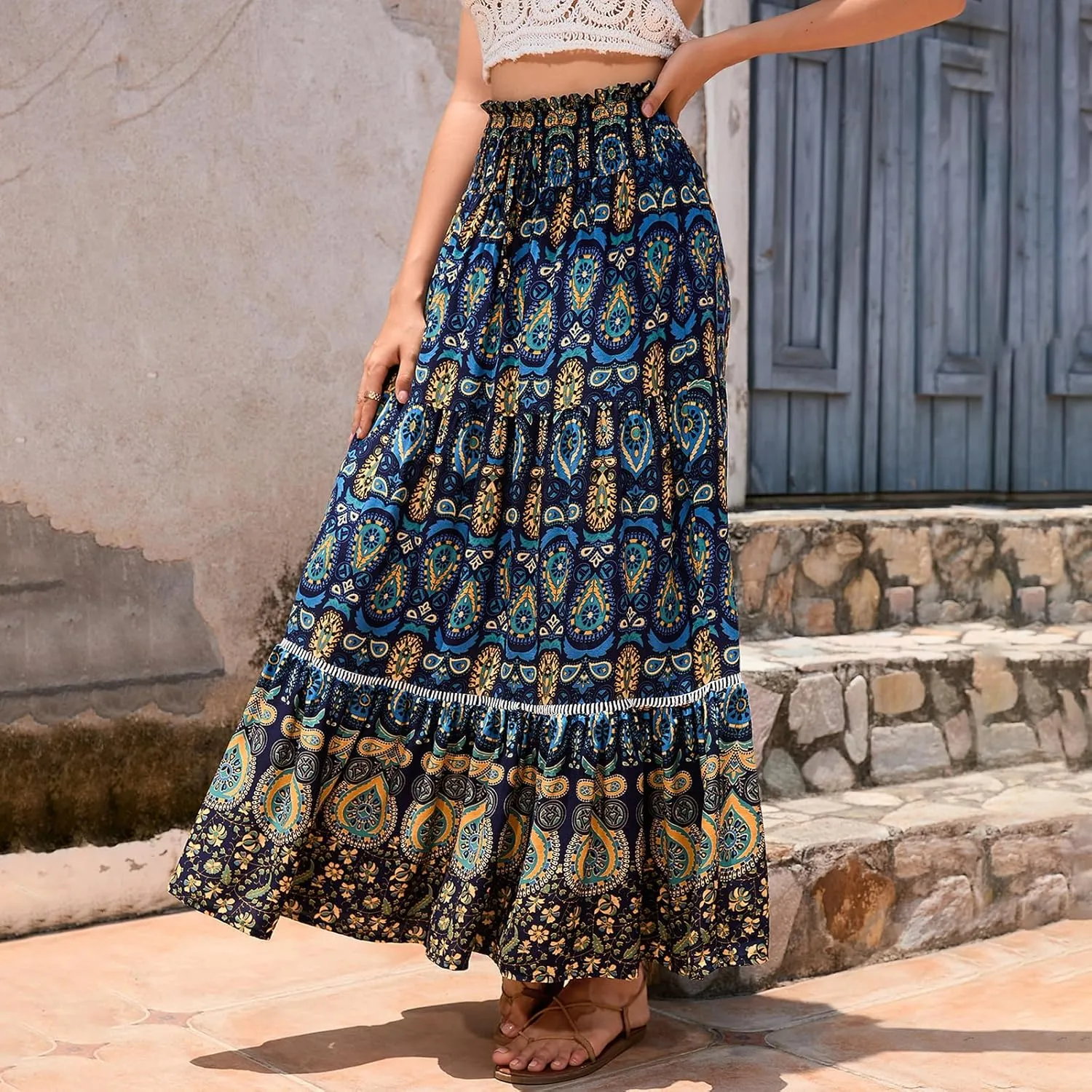 Women Boho Tropical Print Long Skirts Elastic High Waist Ruffle Pleated A Line 2024 Bohemian Beach Midi Skirt
