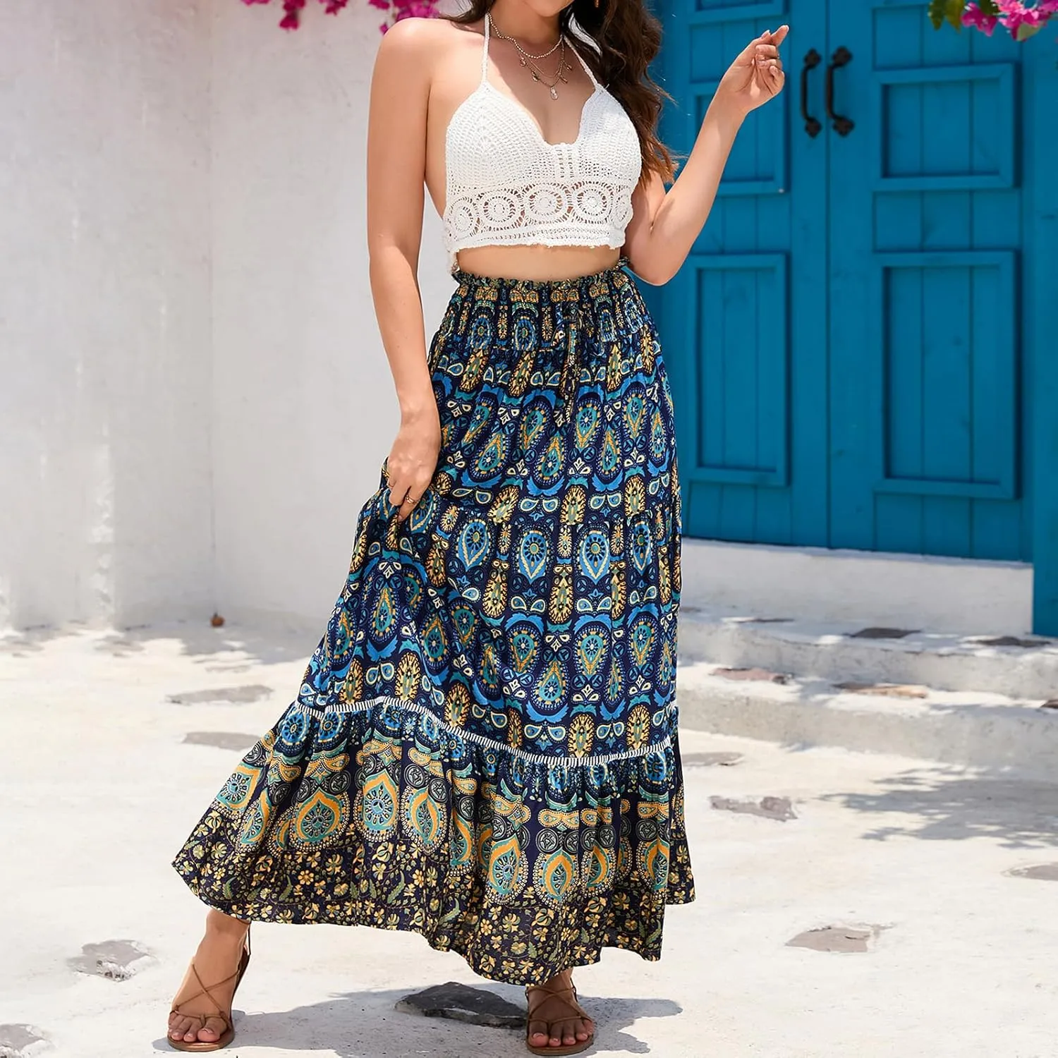 Women Boho Tropical Print Long Skirts Elastic High Waist Ruffle Pleated A Line 2024 Bohemian Beach Midi Skirt