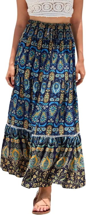 Women Boho Tropical Print Long Skirts Elastic High Waist Ruffle Pleated A Line 2024 Bohemian Beach Midi Skirt