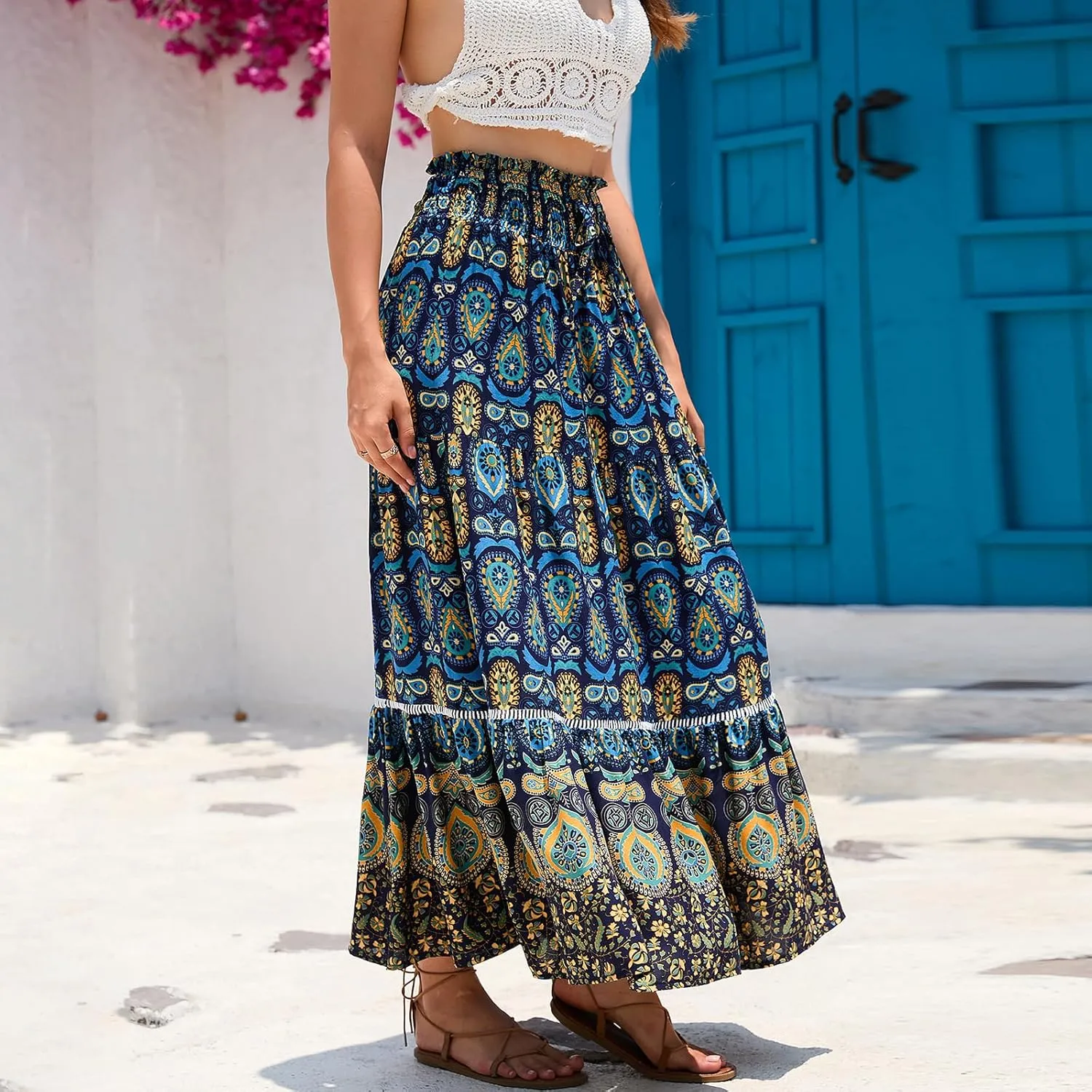 Women Boho Tropical Print Long Skirts Elastic High Waist Ruffle Pleated A Line 2024 Bohemian Beach Midi Skirt
