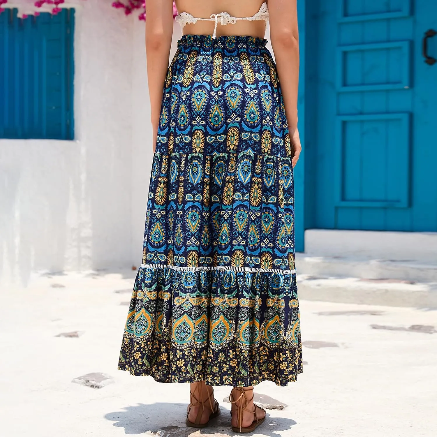 Women Boho Tropical Print Long Skirts Elastic High Waist Ruffle Pleated A Line 2024 Bohemian Beach Midi Skirt