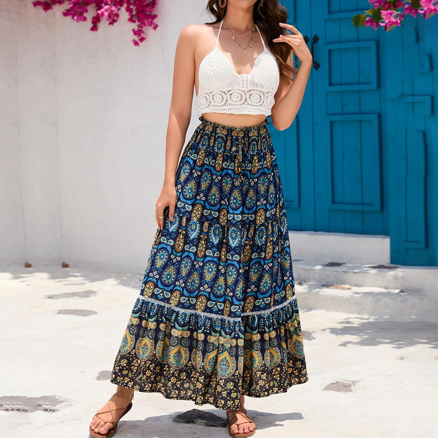 Women Boho Tropical Print Long Skirts Elastic High Waist Ruffle Pleated A Line 2024 Bohemian Beach Midi Skirt