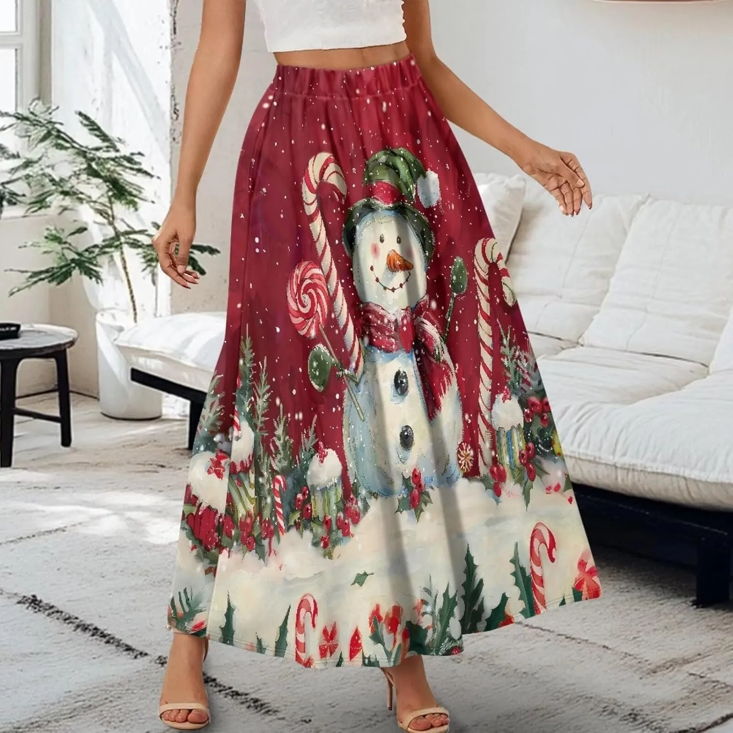 Women Elastic High Waist Skirt A-Line Pleated Swing Flowy Maxi Long Skirt Dress with Pockets Size S-2XL