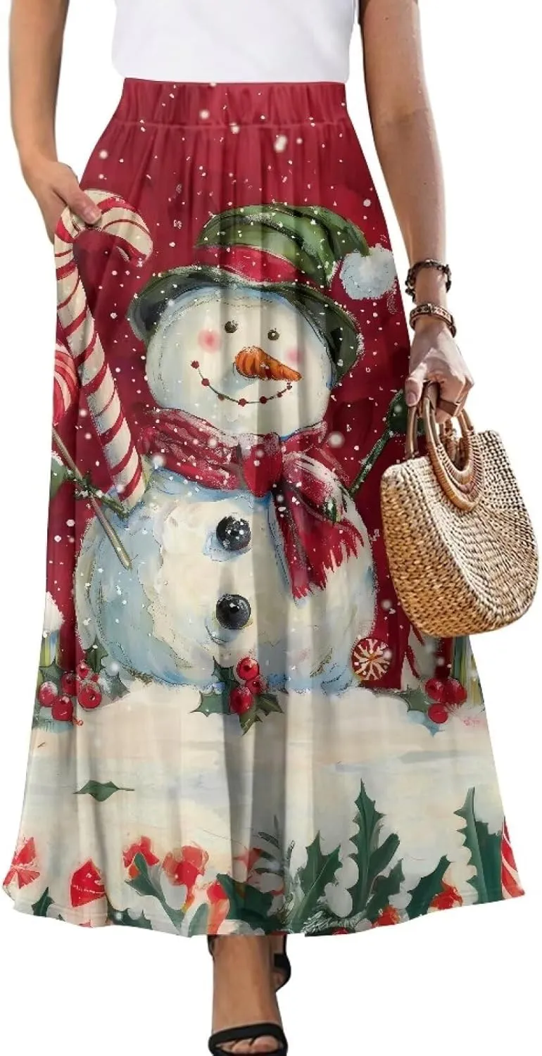 Women Elastic High Waist Skirt A-Line Pleated Swing Flowy Maxi Long Skirt Dress with Pockets Size S-2XL