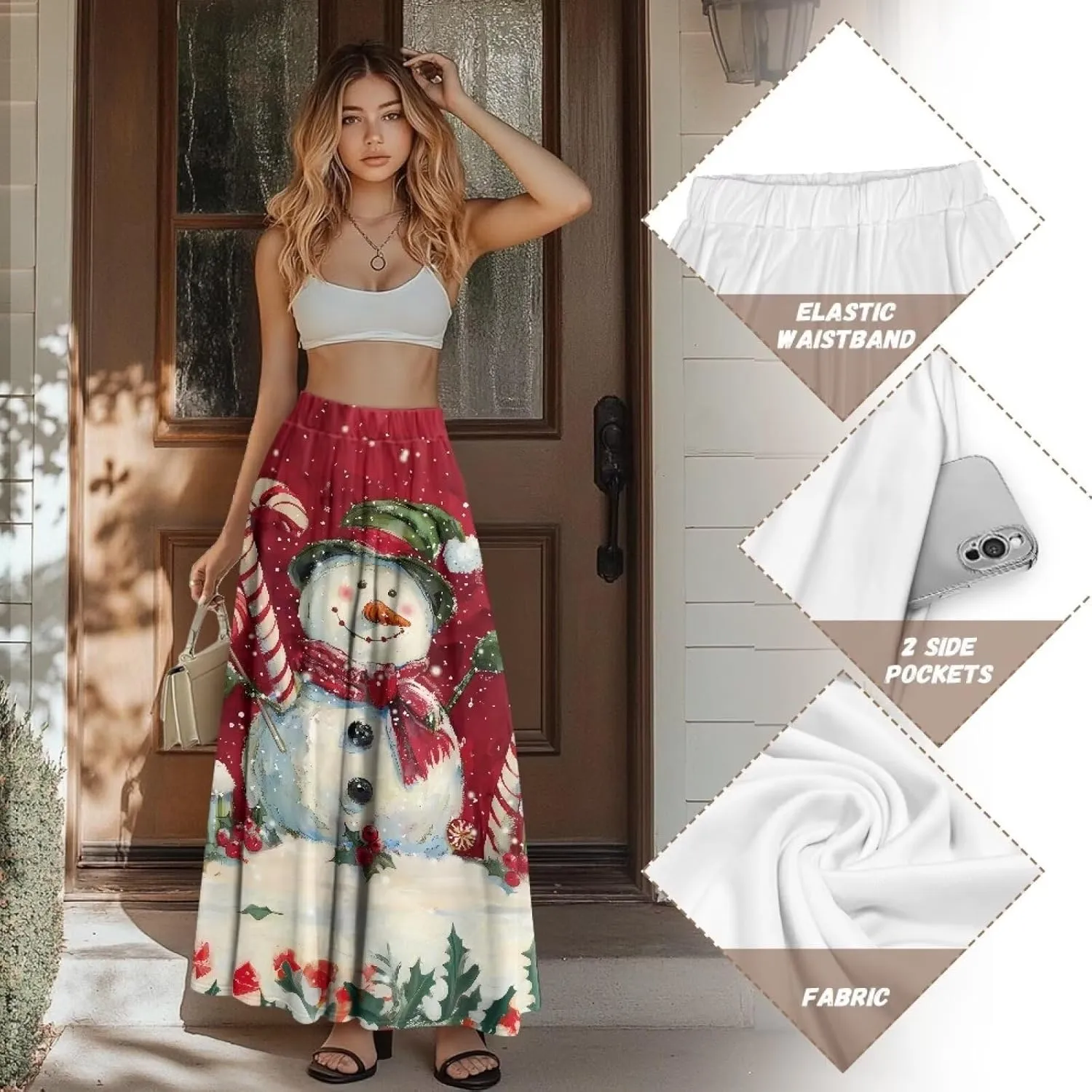 Women Elastic High Waist Skirt A-Line Pleated Swing Flowy Maxi Long Skirt Dress with Pockets Size S-2XL