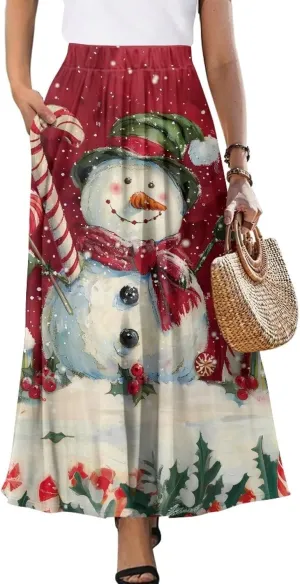 Women Elastic High Waist Skirt A-Line Pleated Swing Flowy Maxi Long Skirt Dress with Pockets Size S-2XL