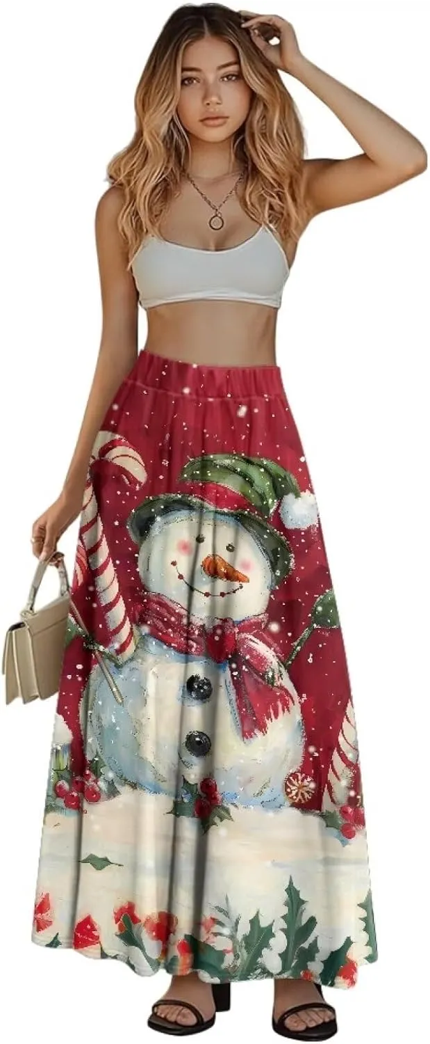 Women Elastic High Waist Skirt A-Line Pleated Swing Flowy Maxi Long Skirt Dress with Pockets Size S-2XL