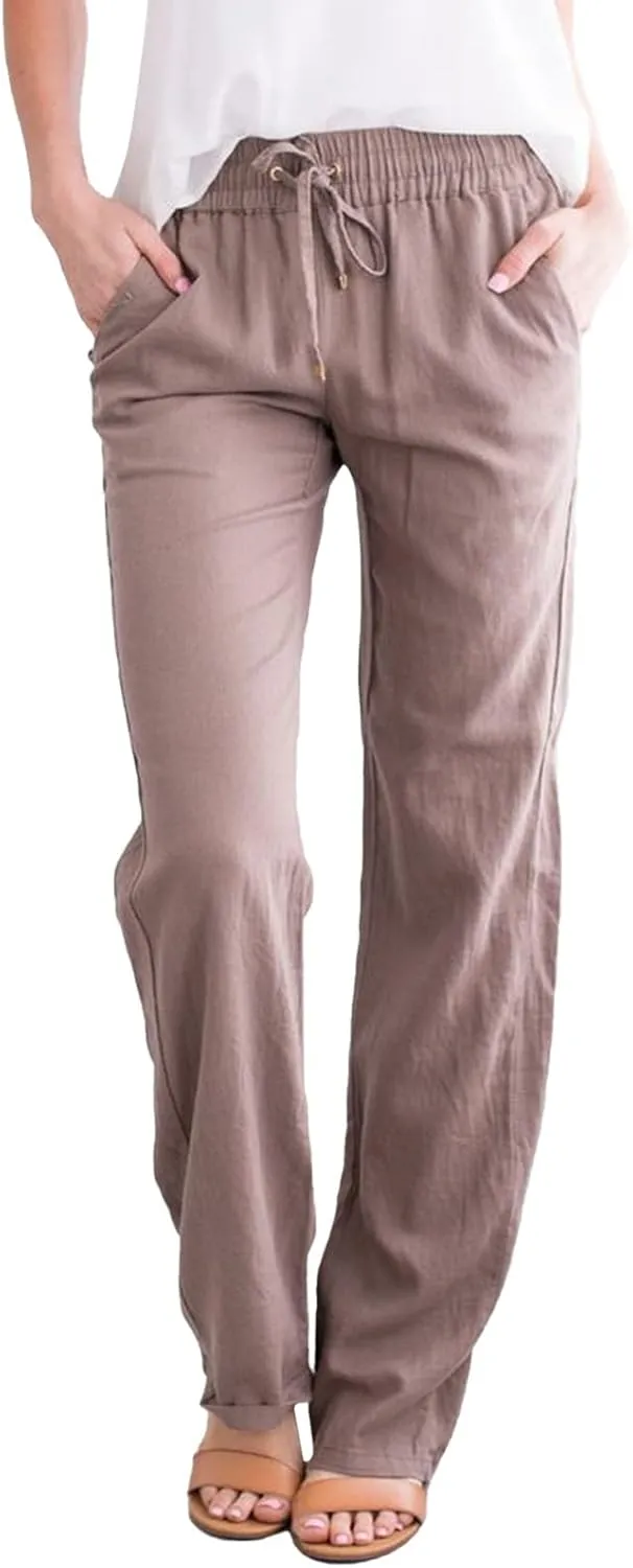 Women High Waist Straight Leg Pants Casual Elastic Waist Cotton Linen Wide Leg Pants Solid Summer Drawstring Trousers