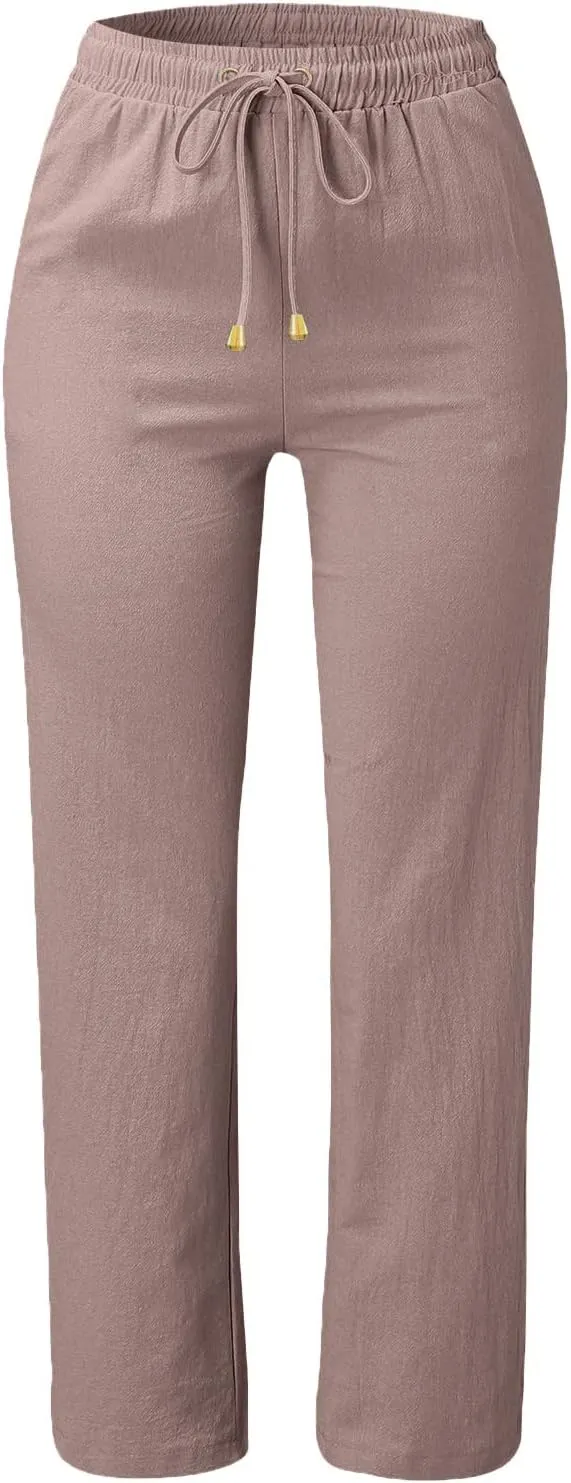 Women High Waist Straight Leg Pants Casual Elastic Waist Cotton Linen Wide Leg Pants Solid Summer Drawstring Trousers