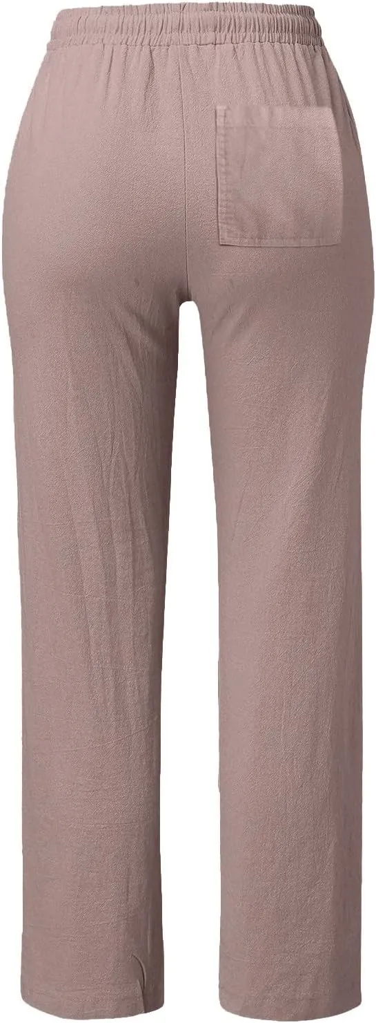 Women High Waist Straight Leg Pants Casual Elastic Waist Cotton Linen Wide Leg Pants Solid Summer Drawstring Trousers