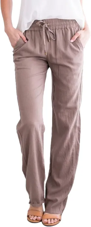 Women High Waist Straight Leg Pants Casual Elastic Waist Cotton Linen Wide Leg Pants Solid Summer Drawstring Trousers