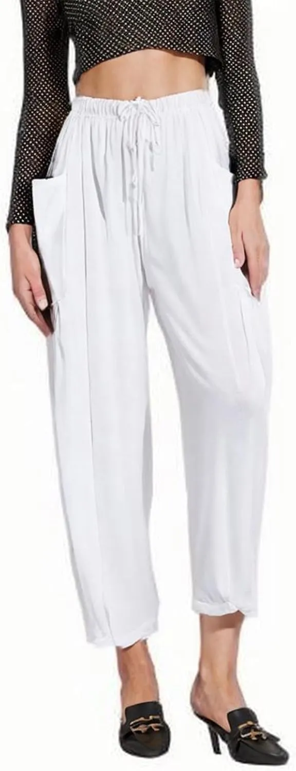 Women Linen Wide Leg Capri Pants Casual Loose Fit Lantern Trousers Drawstring Elastic Waist Palazzo Pants with Pocket