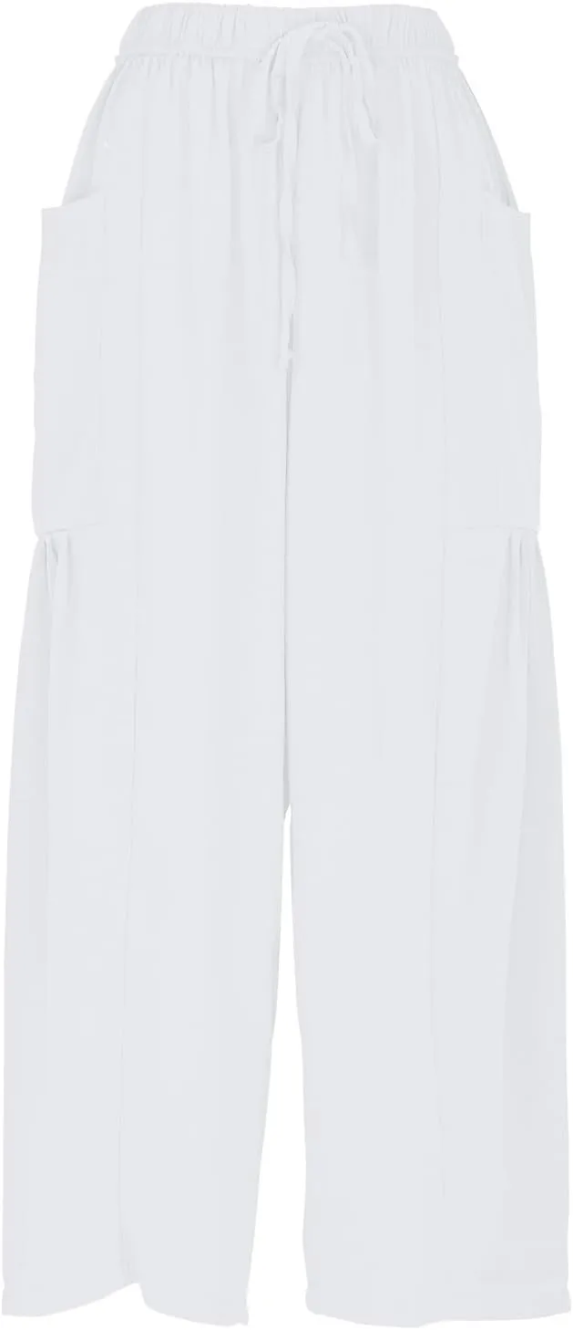 Women Linen Wide Leg Capri Pants Casual Loose Fit Lantern Trousers Drawstring Elastic Waist Palazzo Pants with Pocket