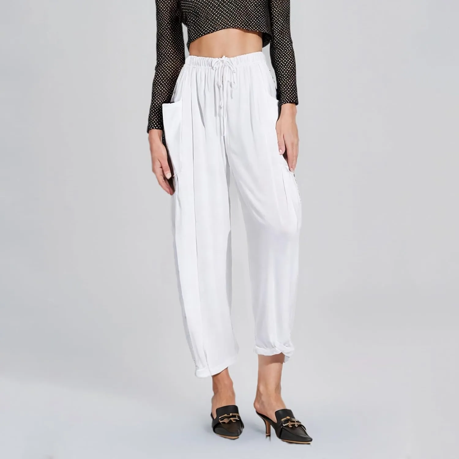 Women Linen Wide Leg Capri Pants Casual Loose Fit Lantern Trousers Drawstring Elastic Waist Palazzo Pants with Pocket
