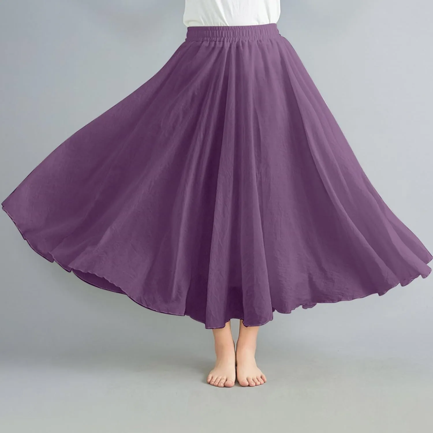 Women Solid Linen Maxi Skort Summer Elegant Bohemian Renaissance Long Skirts Casual Flowy Pleated Layered Tutu Skirt