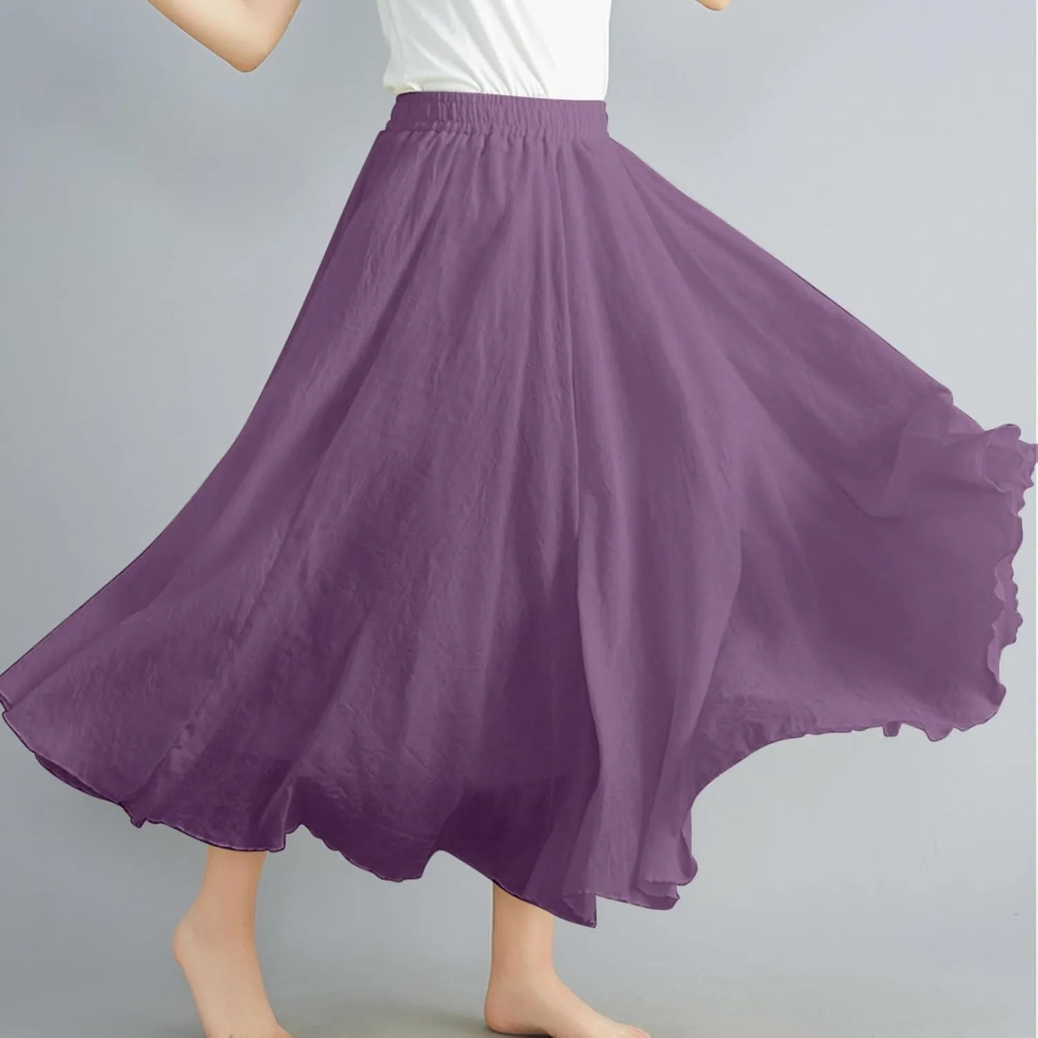 Women Solid Linen Maxi Skort Summer Elegant Bohemian Renaissance Long Skirts Casual Flowy Pleated Layered Tutu Skirt