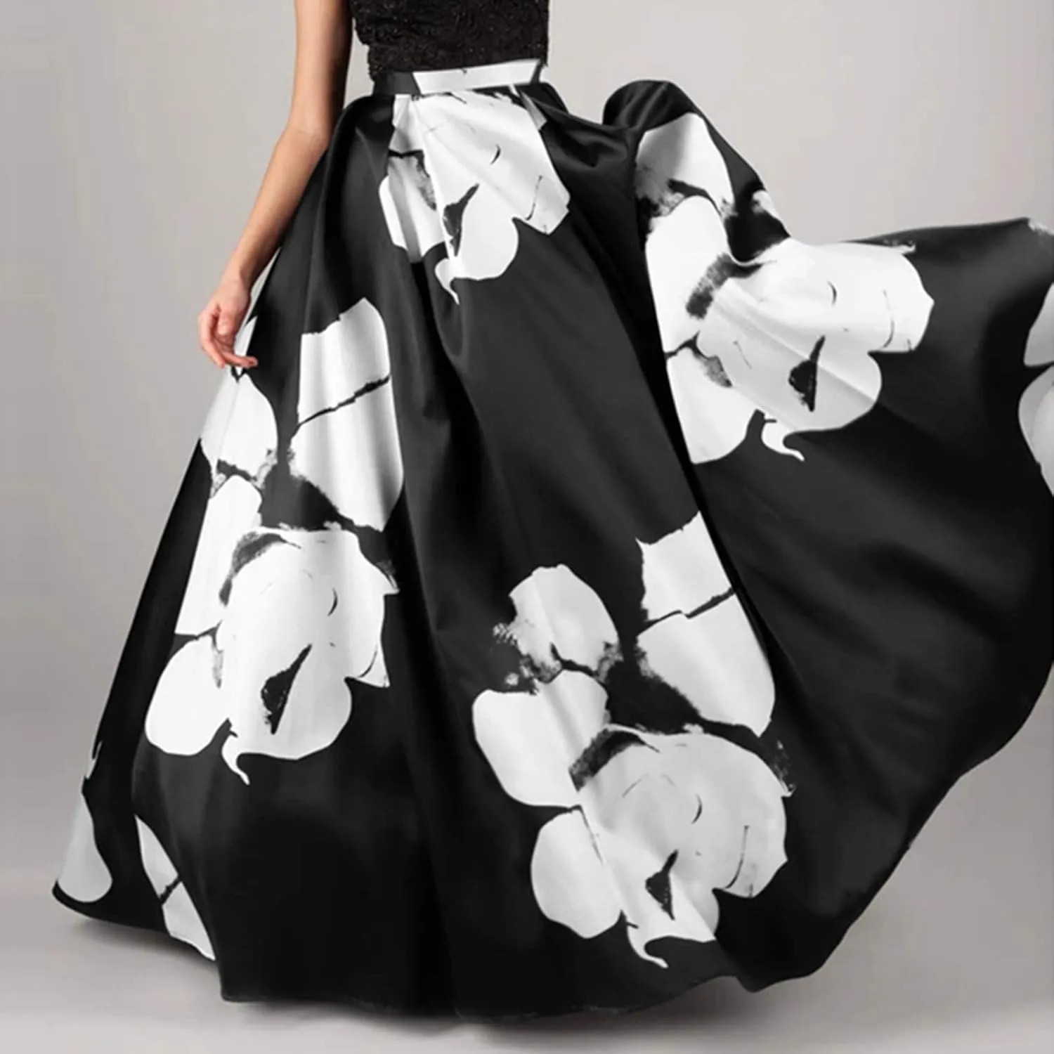 Women Summer 2024 Boho Vintage Floral High Waist Elastic A Line Maxi Skirts Long Skirt with Pockets