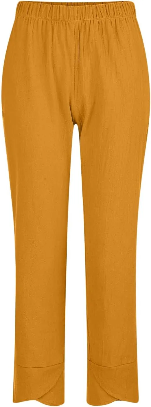 Women Summer Cropped Linen Pants Lounge Beach Comfort Pants Casual Stretch Elastic Waist Trousers with Pockets