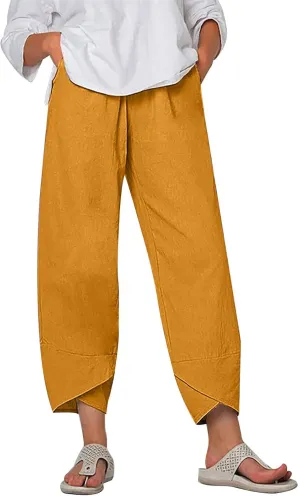 Women Summer Cropped Linen Pants Lounge Beach Comfort Pants Casual Stretch Elastic Waist Trousers with Pockets