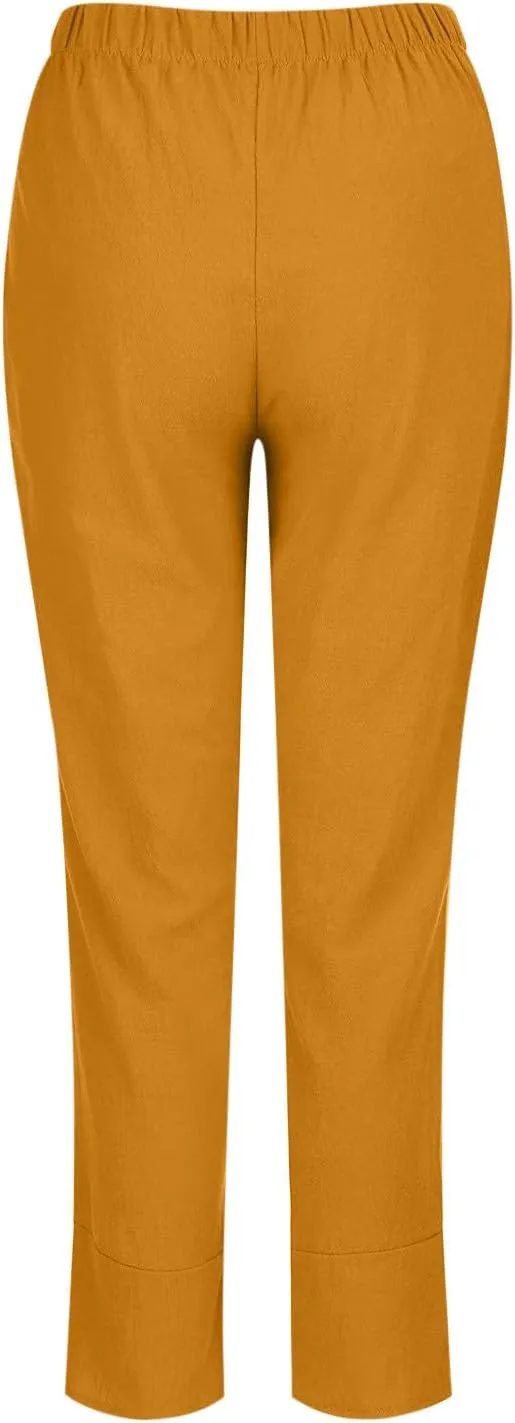 Women Summer Cropped Linen Pants Lounge Beach Comfort Pants Casual Stretch Elastic Waist Trousers with Pockets