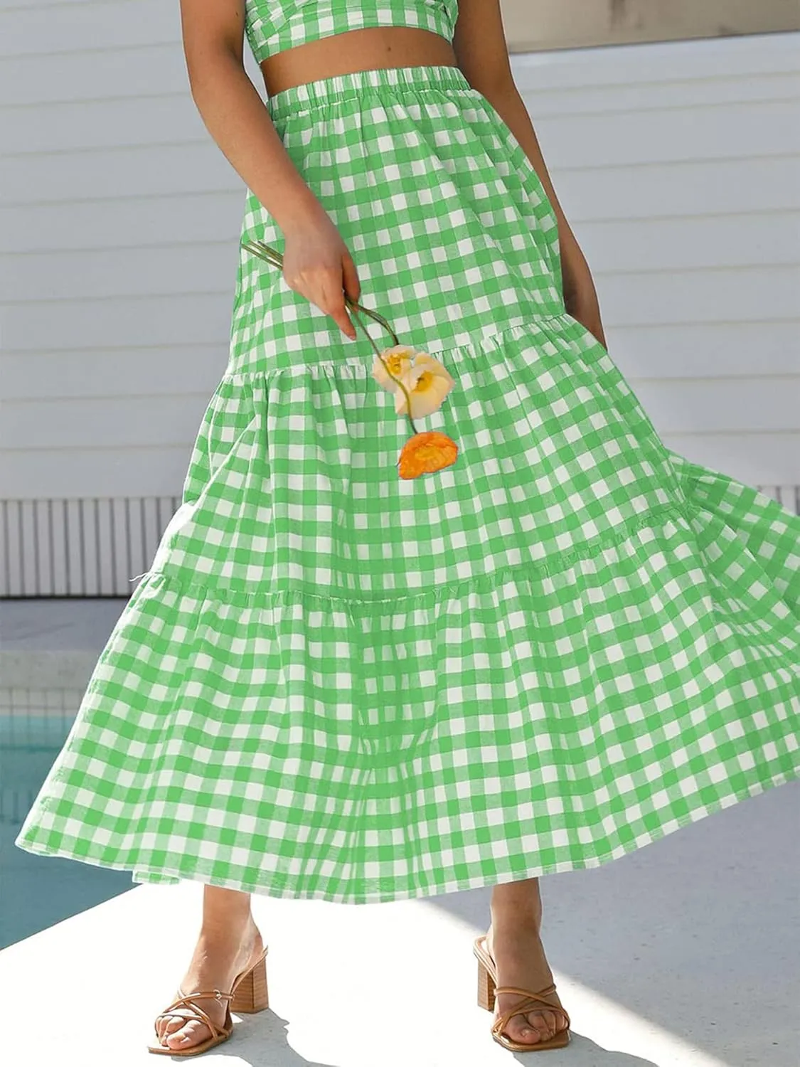 Women Summer Tiered Maxi Skirt Elastic High Waist A Line Boho Beach Dress Pleated Flowy Swing Long Skirts