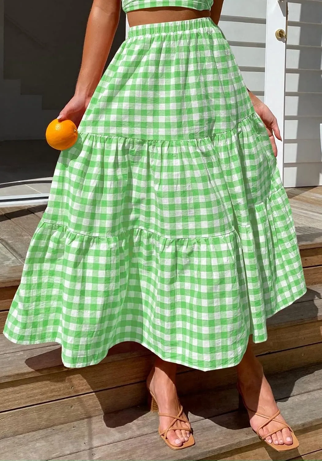 Women Summer Tiered Maxi Skirt Elastic High Waist A Line Boho Beach Dress Pleated Flowy Swing Long Skirts