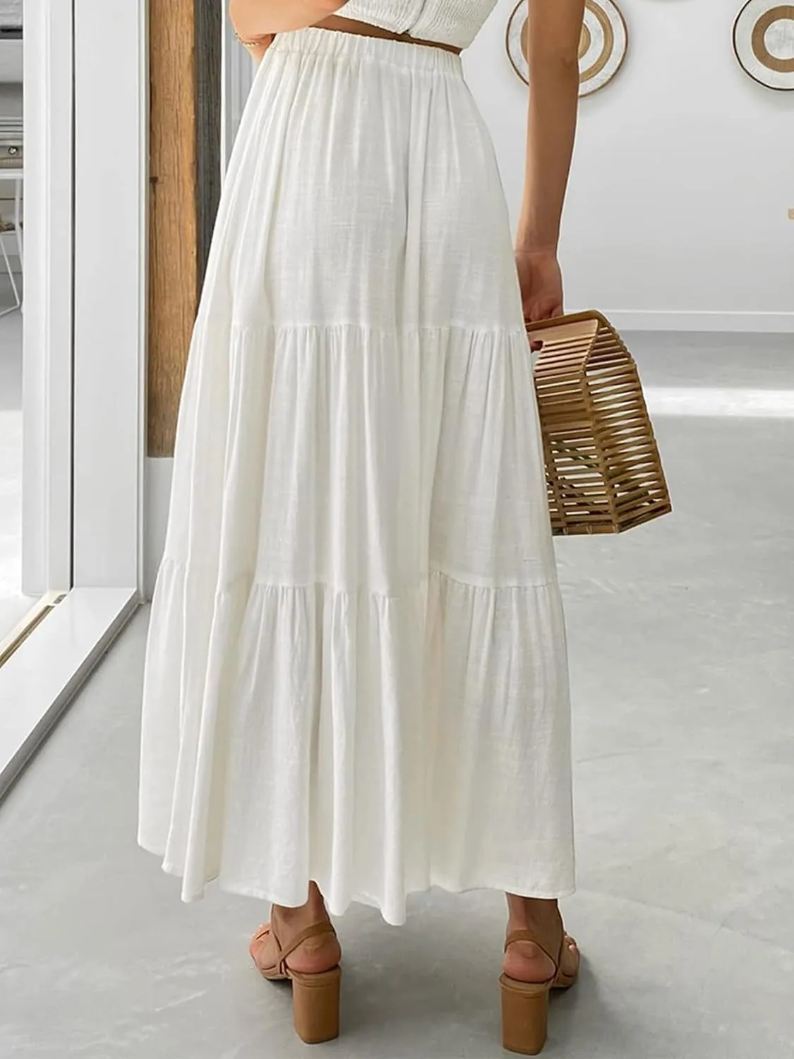 Women Summer Tiered Maxi Skirt Elastic High Waist A Line Boho Beach Dress Pleated Flowy Swing Long Skirts