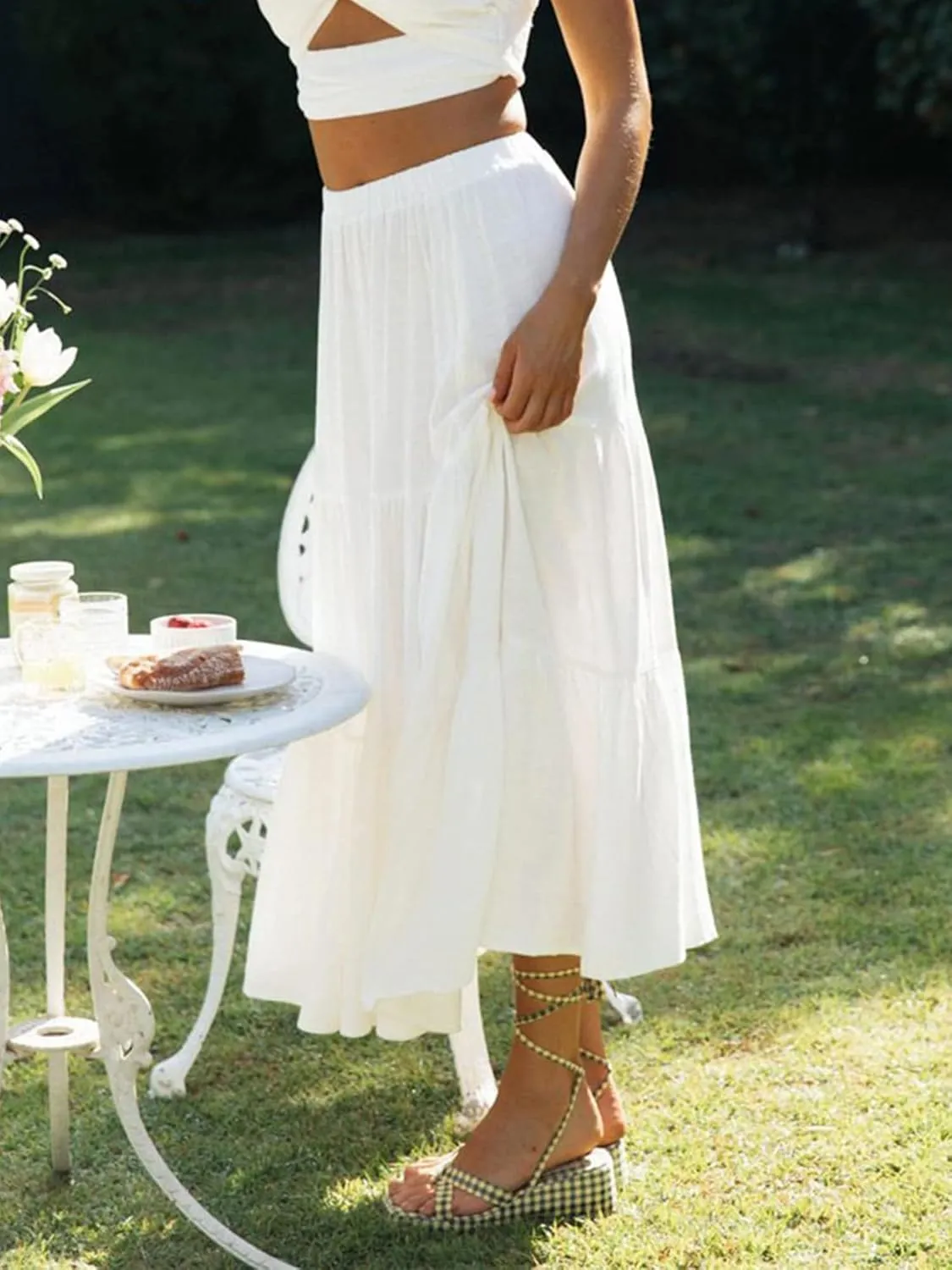 Women Summer Tiered Maxi Skirt Elastic High Waist A Line Boho Beach Dress Pleated Flowy Swing Long Skirts