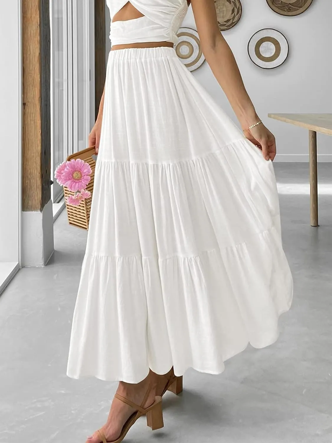 Women Summer Tiered Maxi Skirt Elastic High Waist A Line Boho Beach Dress Pleated Flowy Swing Long Skirts