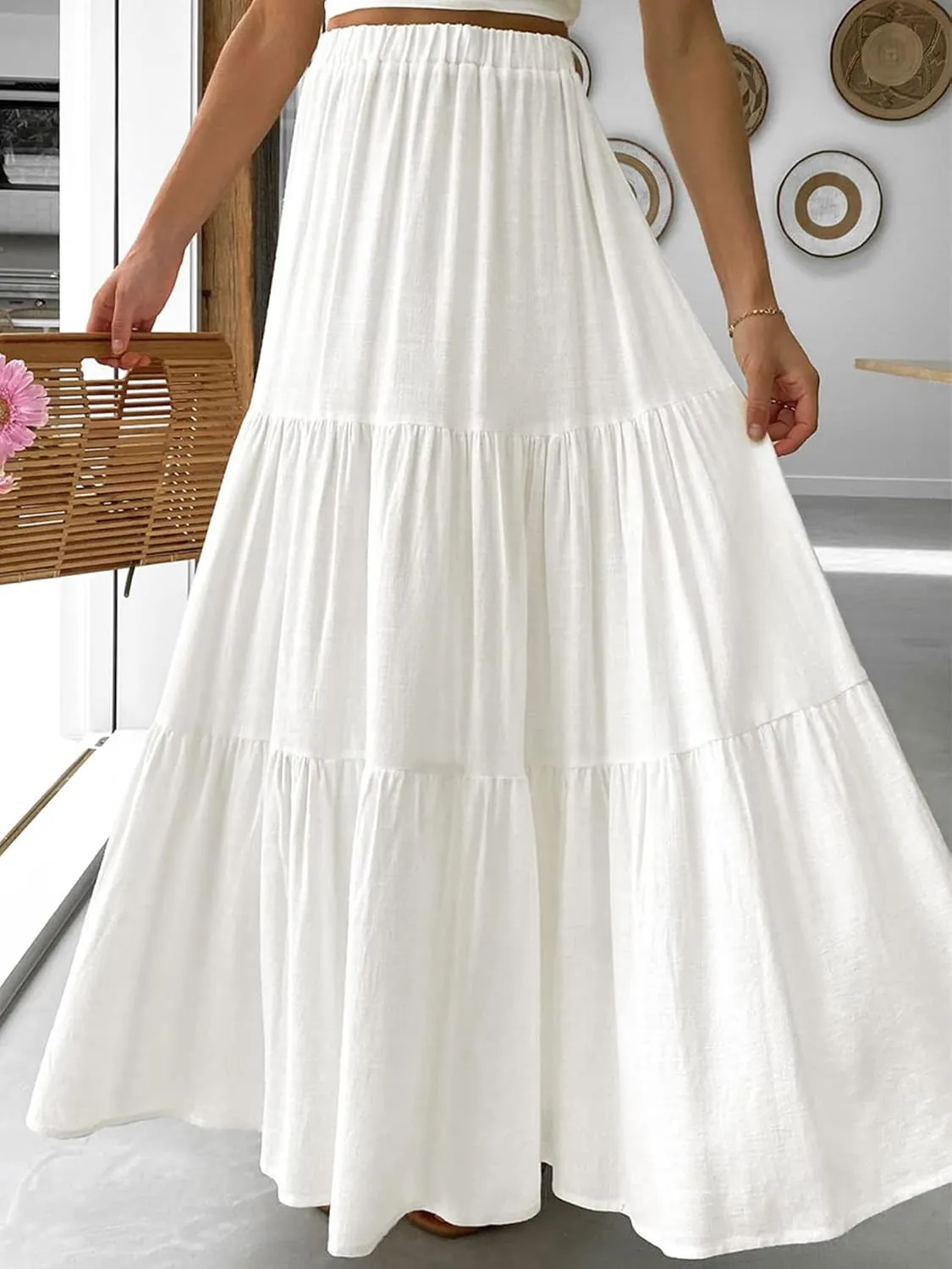 Women Summer Tiered Maxi Skirt Elastic High Waist A Line Boho Beach Dress Pleated Flowy Swing Long Skirts