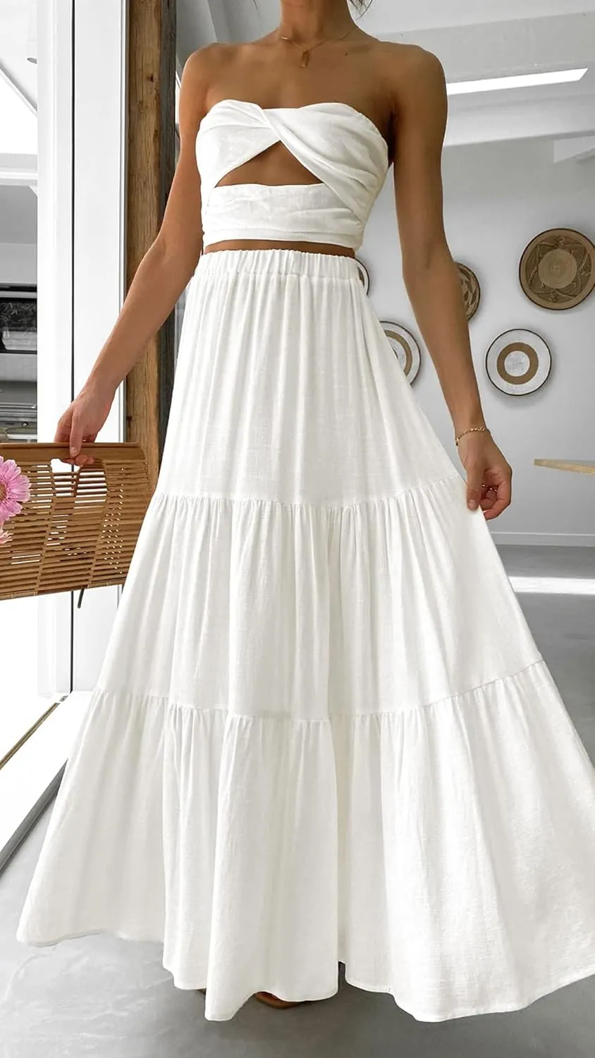 Women Summer Tiered Maxi Skirt Elastic High Waist A Line Boho Beach Dress Pleated Flowy Swing Long Skirts