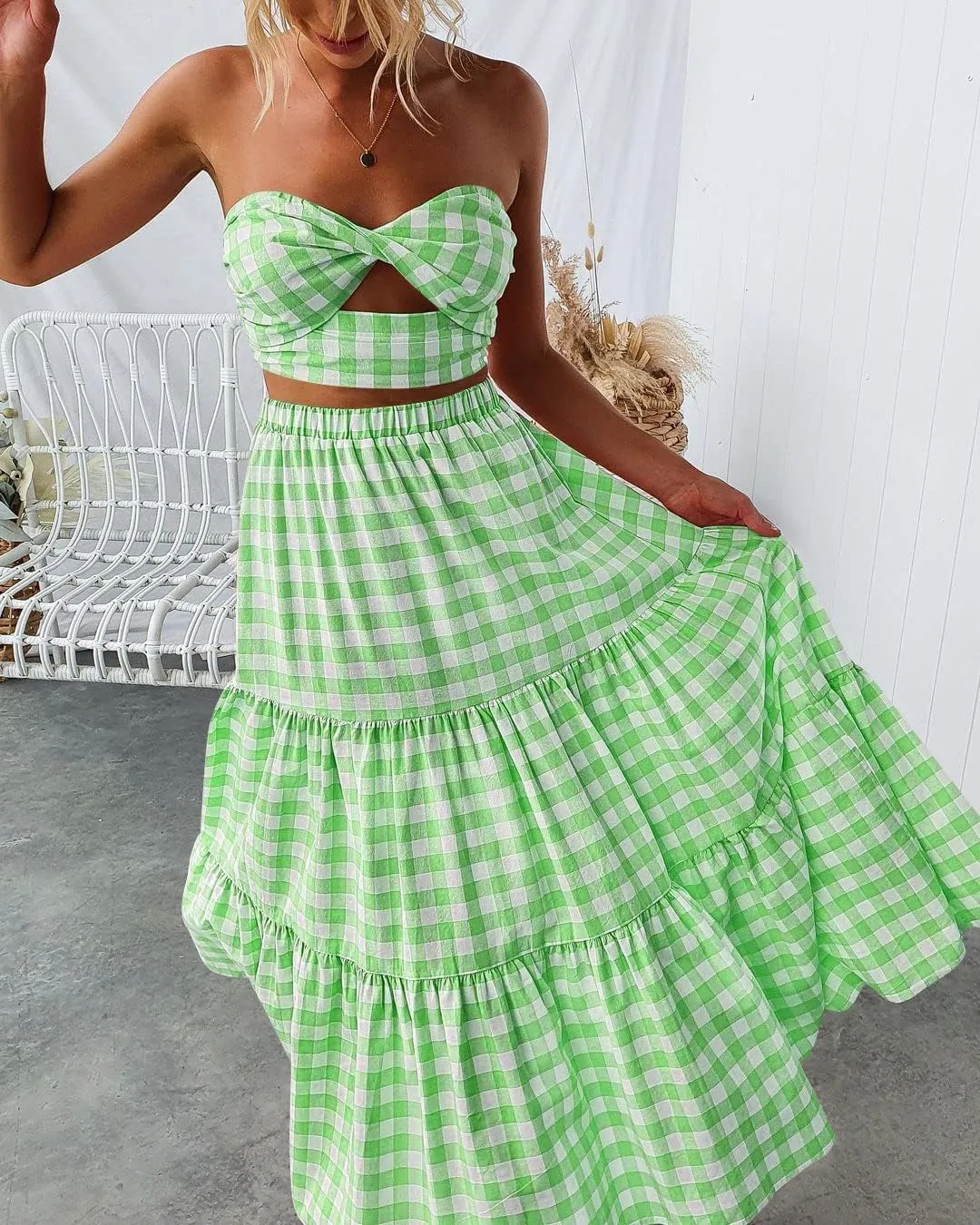 Women Summer Tiered Maxi Skirt Elastic High Waist A Line Boho Beach Dress Pleated Flowy Swing Long Skirts