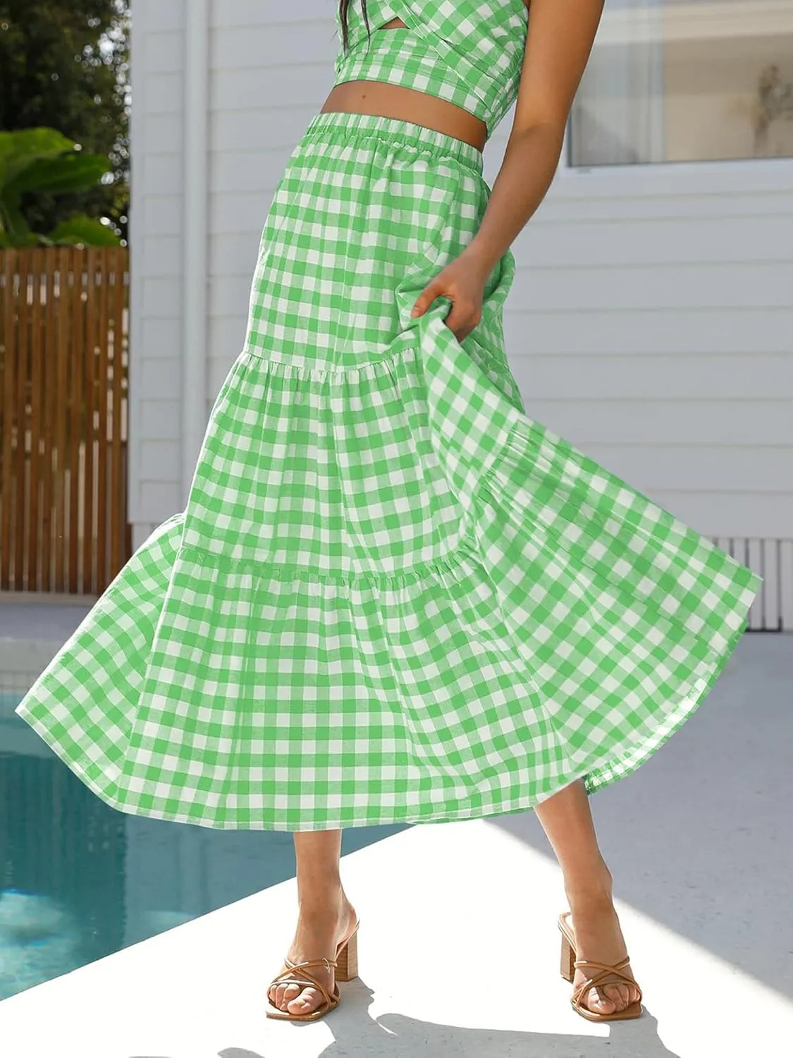 Women Summer Tiered Maxi Skirt Elastic High Waist A Line Boho Beach Dress Pleated Flowy Swing Long Skirts