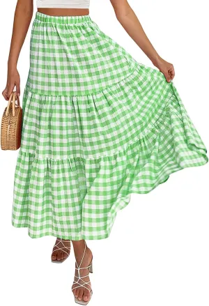 Women Summer Tiered Maxi Skirt Elastic High Waist A Line Boho Beach Dress Pleated Flowy Swing Long Skirts