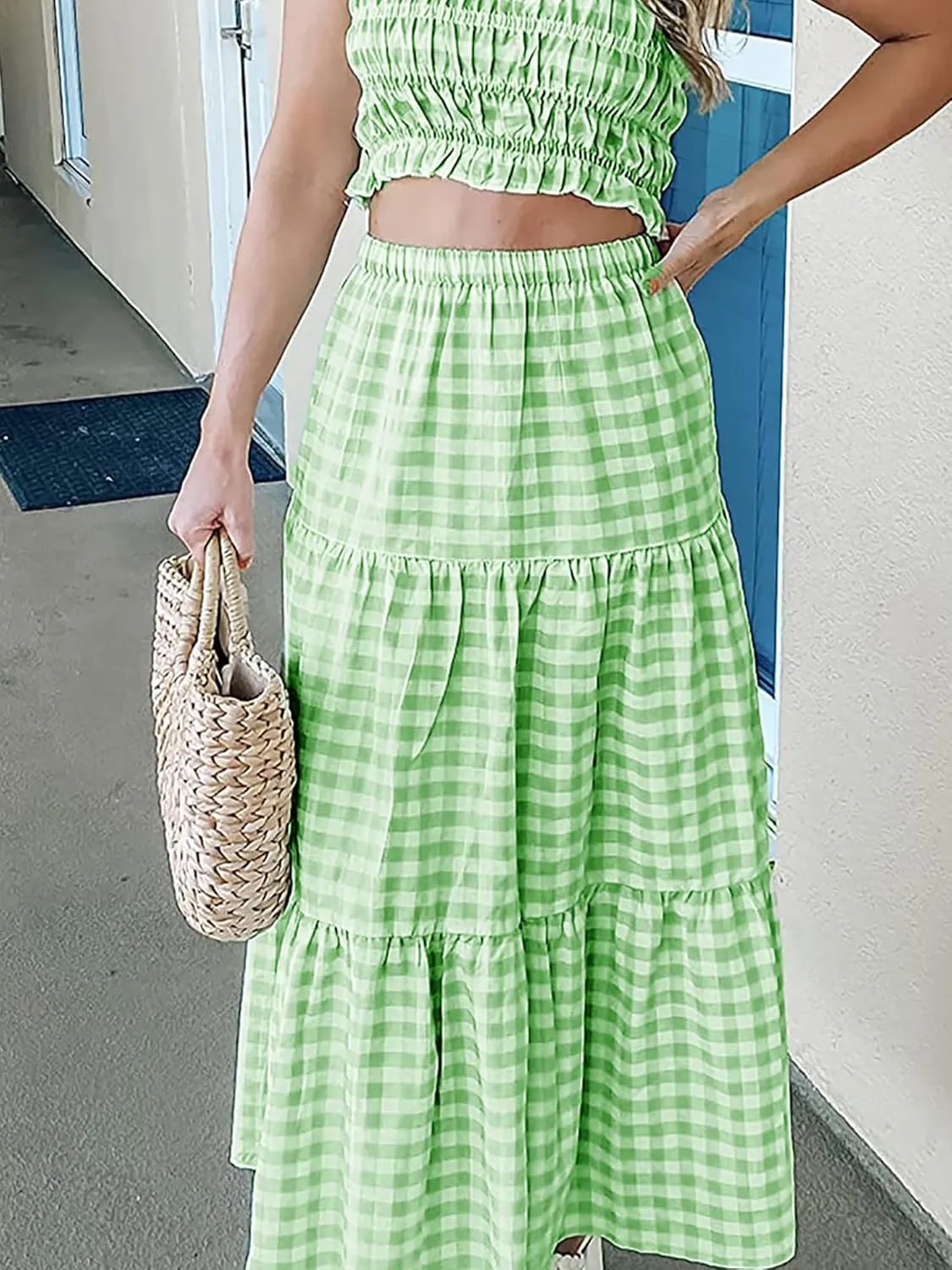 Women Summer Tiered Maxi Skirt Elastic High Waist A Line Boho Beach Dress Pleated Flowy Swing Long Skirts