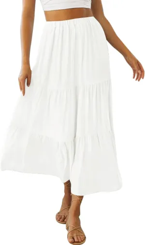 Women Summer Tiered Maxi Skirt Elastic High Waist A Line Boho Beach Dress Pleated Flowy Swing Long Skirts