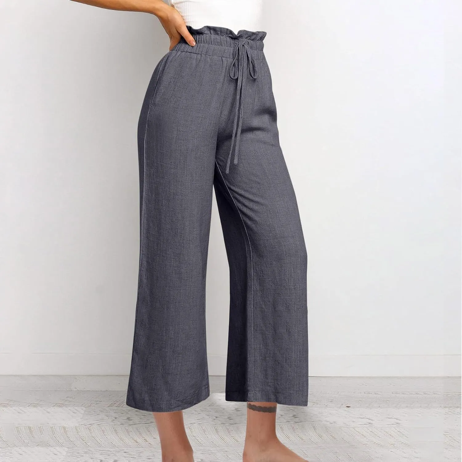 Women Summer Wide Leg Capri Pants Casual Fashion High Waist Solid Cotton Linen Pants Lounge Beach Trousers