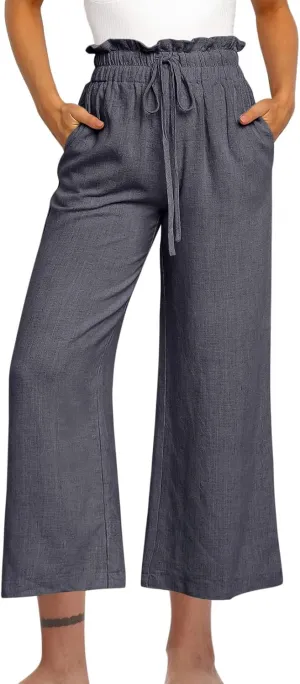 Women Summer Wide Leg Capri Pants Casual Fashion High Waist Solid Cotton Linen Pants Lounge Beach Trousers