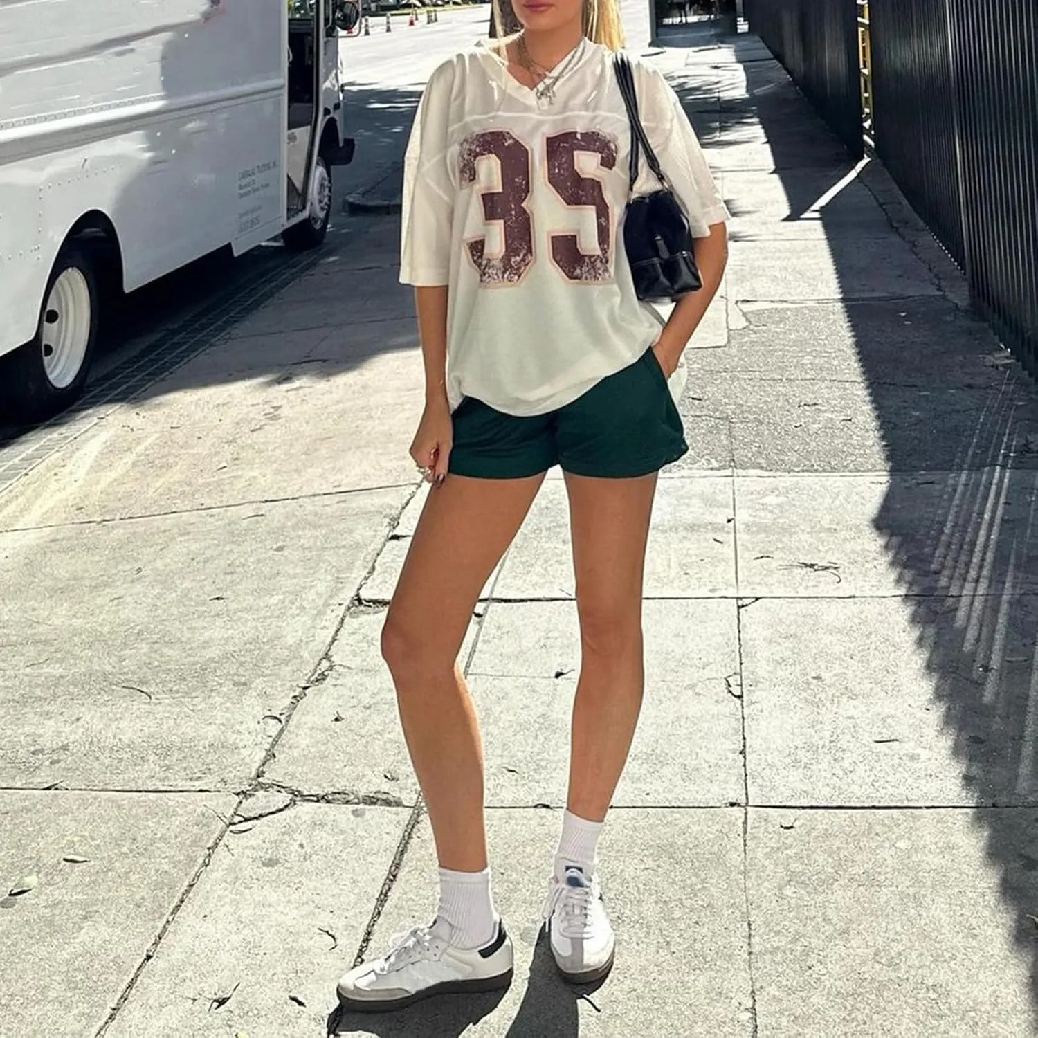 Women Y2k Oversized Jersey Shirt Number Print Short Sleeve V Neck Mesh T Shirt Summer Casual Grunge Sporty Streetwear