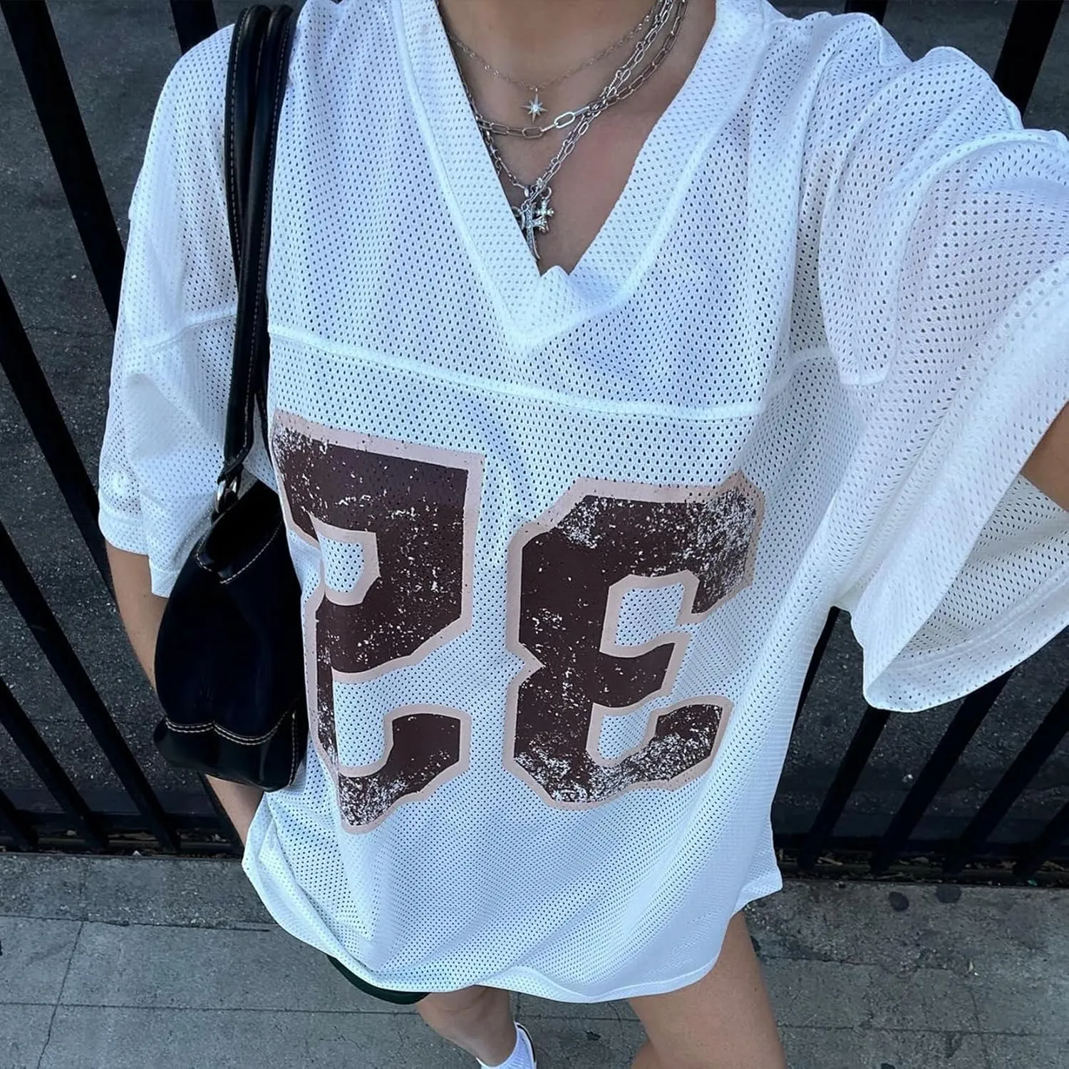 Women Y2k Oversized Jersey Shirt Number Print Short Sleeve V Neck Mesh T Shirt Summer Casual Grunge Sporty Streetwear