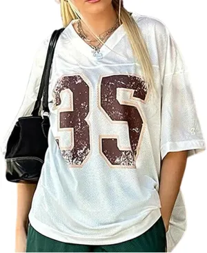 Women Y2k Oversized Jersey Shirt Number Print Short Sleeve V Neck Mesh T Shirt Summer Casual Grunge Sporty Streetwear